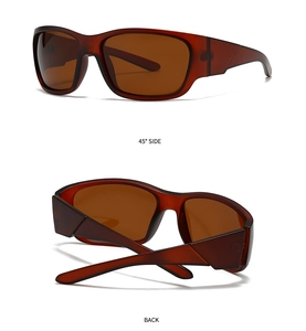 Square polarized sunglasses in amber brown with 45-degree side and back view angles