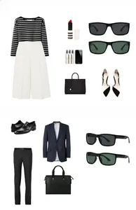 Flat lay of square polarized sunglasses styled with luxury fashion outfits and accessories