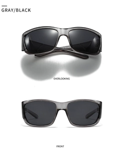 Front and top view of square polarized sunglasses with wide side shields in gray and black