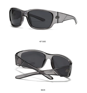 Detailed view showing the 45-degree side and back folding of translucent grey sunglasses