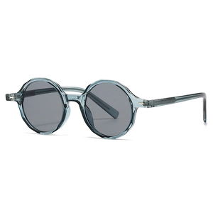 Lunettes de soleil rondes rétro bleu-gris avec monture polygonale et verres gris foncé