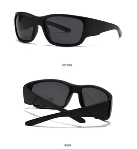 Detail view of square matte black sunglasses frame showing 45-degree side and back folding