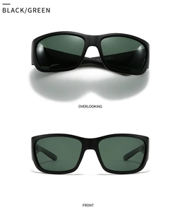 Front and top view of square black polarized sunglasses with dark green lenses