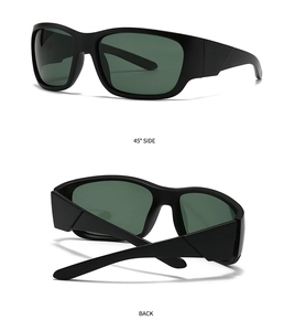 Detail view of square polarized sunglasses showing 45-degree side and back perspectives