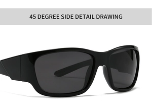 45-degree angle detail of glossy black square sunglasses with wide acetate temples