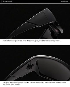 Macro view of polished black square sunglasses frame and precision metal hinge details