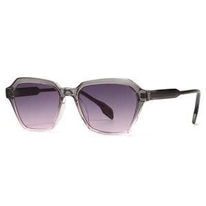Modern transparent grey geometric sunglasses with purple to pink gradient lenses
