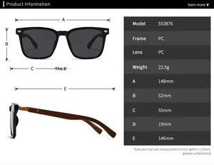 Detailed size chart for polarized round sunglasses showing frame and lens dimensions
