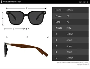 Detailed size chart for round polarized sunglasses showing frame dimensions and specifications
