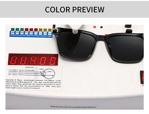 Black round frame polarized sunglasses undergoing UV400 protection test on professional device