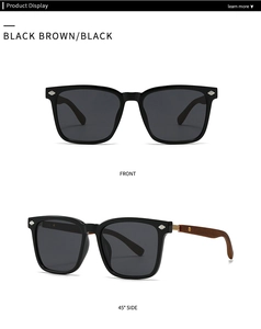 Close-up of polarized sunglasses with wooden texture temples and metallic rivet details