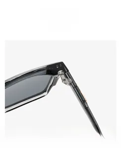 Detailed close-up of sturdy metal hinges on black square sunglasses frame