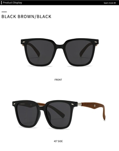 Front and 45-degree side view of round polarized sunglasses with black frames and wood temples