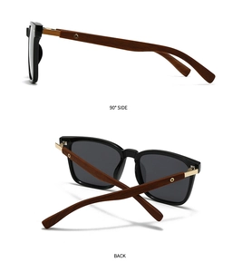 Detailed views of polarized sunglasses featuring 90-degree side and back fold perspectives