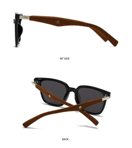 Polarized round sunglasses with black frames and wood texture temples side and back views