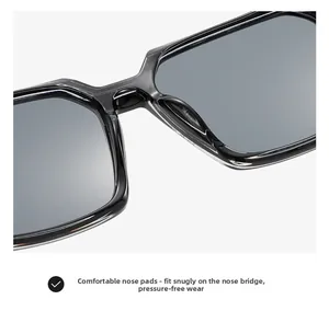 Detail of ergonomic one-piece nose pads on black square sunglasses for a comfort fit