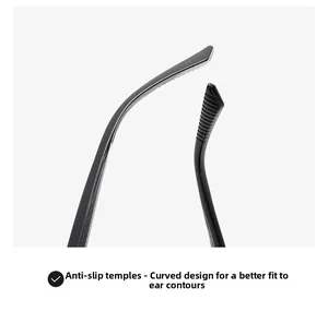 Detail of ergonomic curved temple tips on black sunglasses with anti-slip wave texture