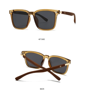 Detailed 45-degree side and back view of round polarized sunglasses with wood grain temples