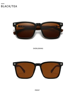 Polarized sunglasses with black frame and tea lenses showing front and top viewpoints