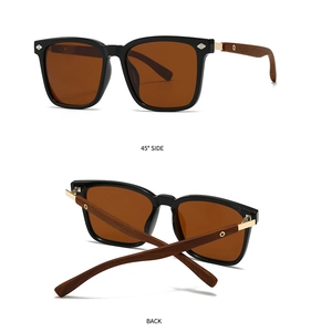 Detail view of polarised sunglasses featuring thick black frames and natural wooden temples