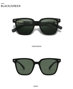 Detail view of black frame sunglasses with dark green lenses and silver metal accents