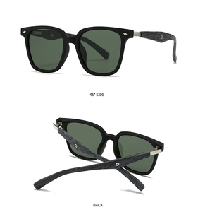 Detail of polarized round sunglasses featuring dark green lenses and marble texture temples