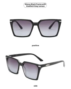 Glossy black square sunglasses with gradient grey lenses shown from front and side views