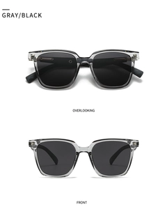 Front and top view of polarized sunglasses with transparent gray frames and black lenses