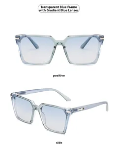 Detail of square oversized blue sunglasses with gradient lenses and silver diamond temple accents