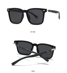 Detailed views of retro round polarized sunglasses with faux wood grain textured temples