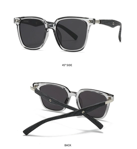Detail view of round polarized sunglasses with transparent grey frame and wood texture arms