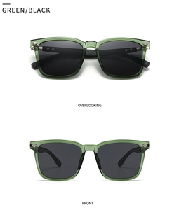 Front and top views of green transparent square sunglasses with black polarized lenses