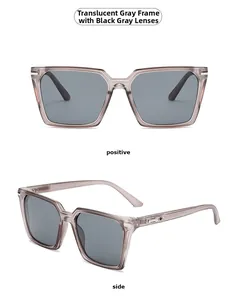 Detail view of transparent grey square sunglasses with dark lenses and silver metal hinges