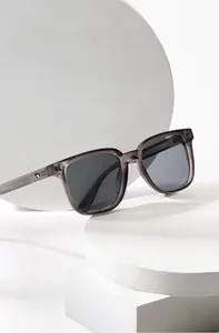 Detail of transparent ice grey sunglasses with metallic hinges on geometric props