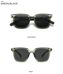 Front and top view of transparent green polarized sunglasses with dark black lenses