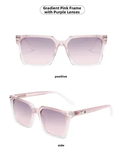 Detail view of square sunglasses with gradient pink-purple frames and tinted lenses