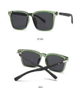 Detail view of polarized sunglasses with green translucent frame and wood grain temples