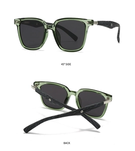 Polarized sunglasses with transparent green frames and wood grain textured temples