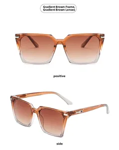 Detail of square gradient tea sunglasses with metallic silver accents on temple