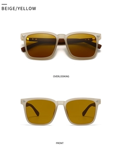 Multiple views of beige round polarized sunglasses with yellow lenses and wood texture temples