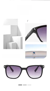 Detail of square black sunglasses with purple gradient lenses and silver arrow decor