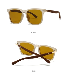 Detail of amber lenses with matte grey frames and wood texture temples on sunglasses