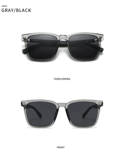 Front and overlook views of gray transparent square sunglasses with metal rivets