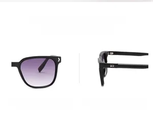 Detail view of square black sunglasses with purple gradient lenses and silver accents