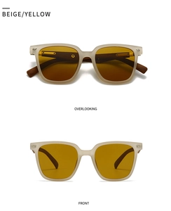 Top and front view of beige translucent polarized sunglasses with amber lenses