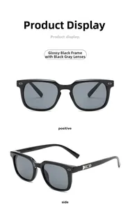 Vues de face et de côté de lunettes de soleil carrées noires avec détails en métal