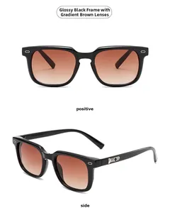 Détail de lunettes de soleil carrées noir brillant avec des verres dégradés marron chic
