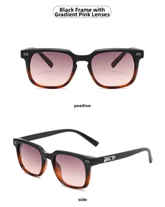 Détail de lunettes de soleil carrées écaillées avec verres dégradés roses et décor argent