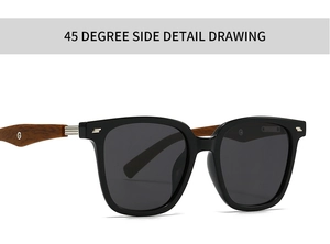 Detail of polarized sunglasses with black square frame and brown wood texture temples