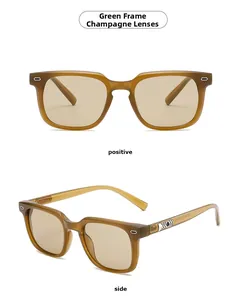 Lunettes de soleil carrées vert olive avec verres champagne, vues de face et de profil